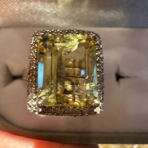 Solid 18k WG 5.41 Carat Step Cut Cornered Yellow Quartz & Diamond Ring Size 6